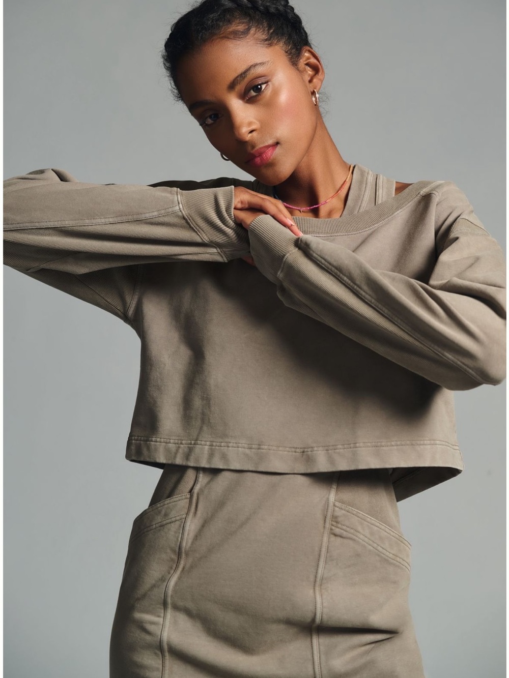 Anthropologie Taupe Cropped Sweat Top and Midi Dress Set